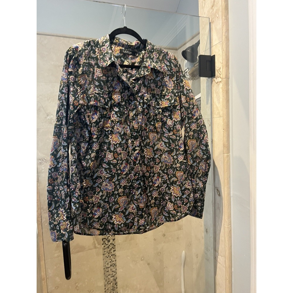 Lauren Ralph Lauren Women XL Paisley Button Up Shirt Green Cotton Floral Blouse